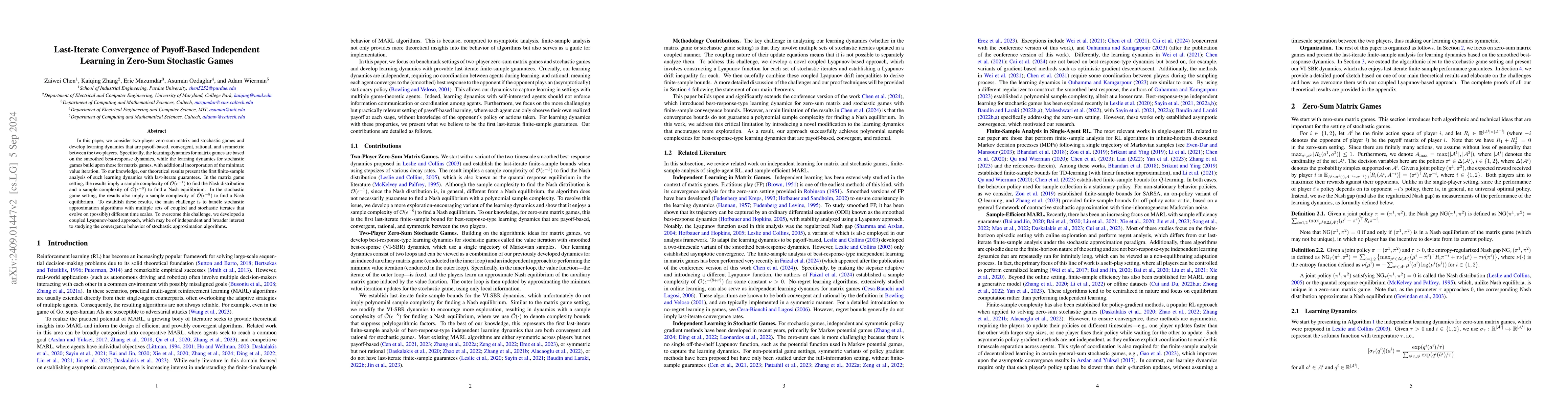 Thumbnail for Last-Iterate Convergence of Payoff-Based Independent Learning in
  Zero-Sum Stochastic Games