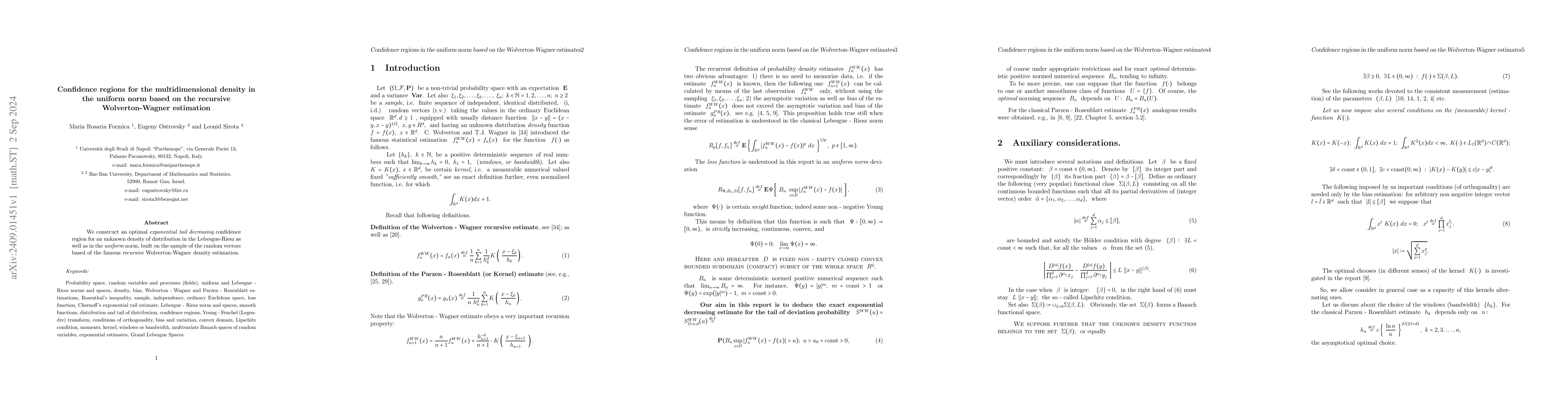 Thumbnail for Confidence regions for the multidimensional density in the uniform norm
  based on the recursive Wolverton-Wagner estimation