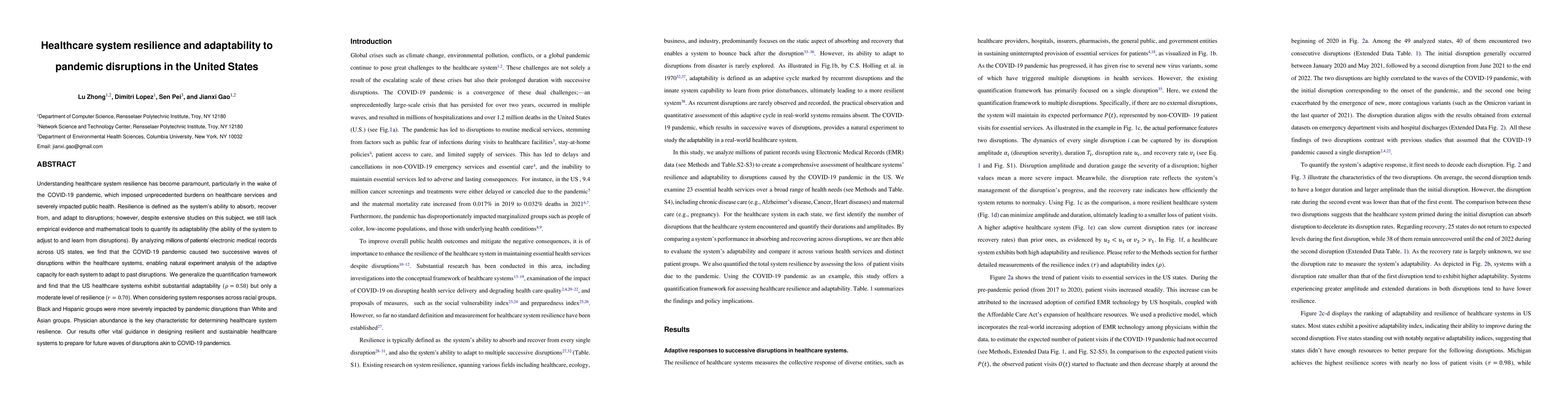 Thumbnail for Healthcare system resilience and adaptability to pandemic disruptions in
  the United States