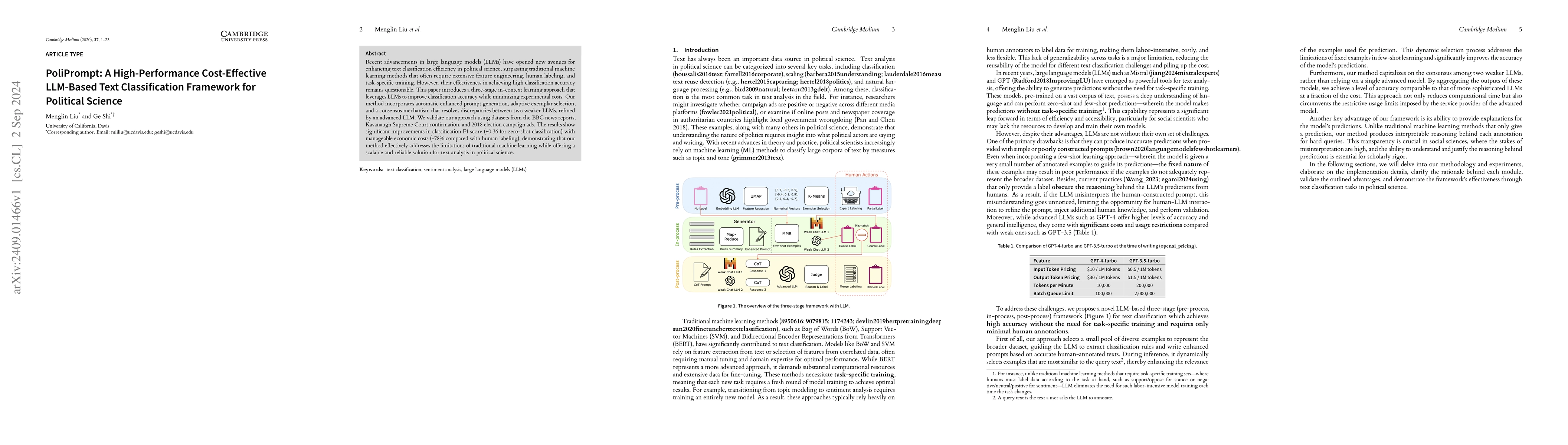 Thumbnail for PoliPrompt: A High-Performance Cost-Effective LLM-Based Text
  Classification Framework for Political Science