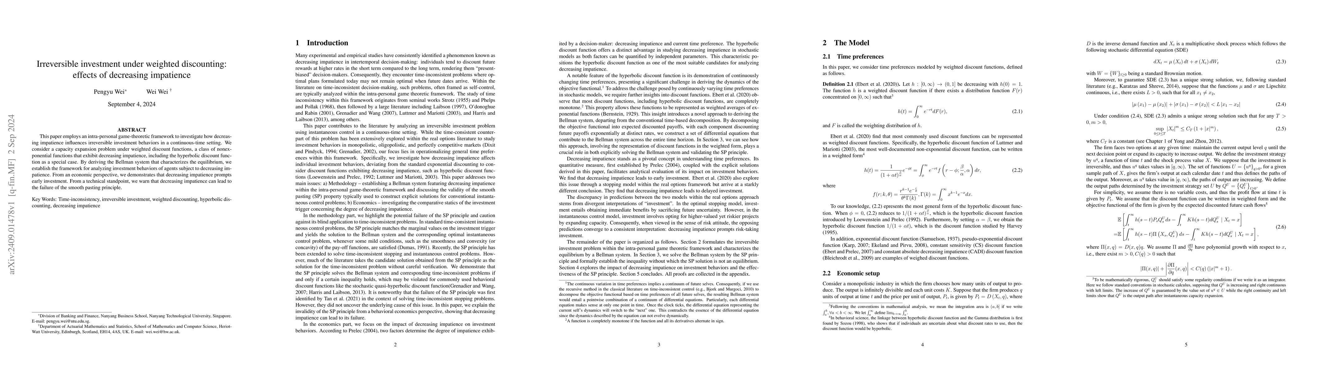 Thumbnail for Irreversible investment under weighted discounting: effects of
  decreasing impatience