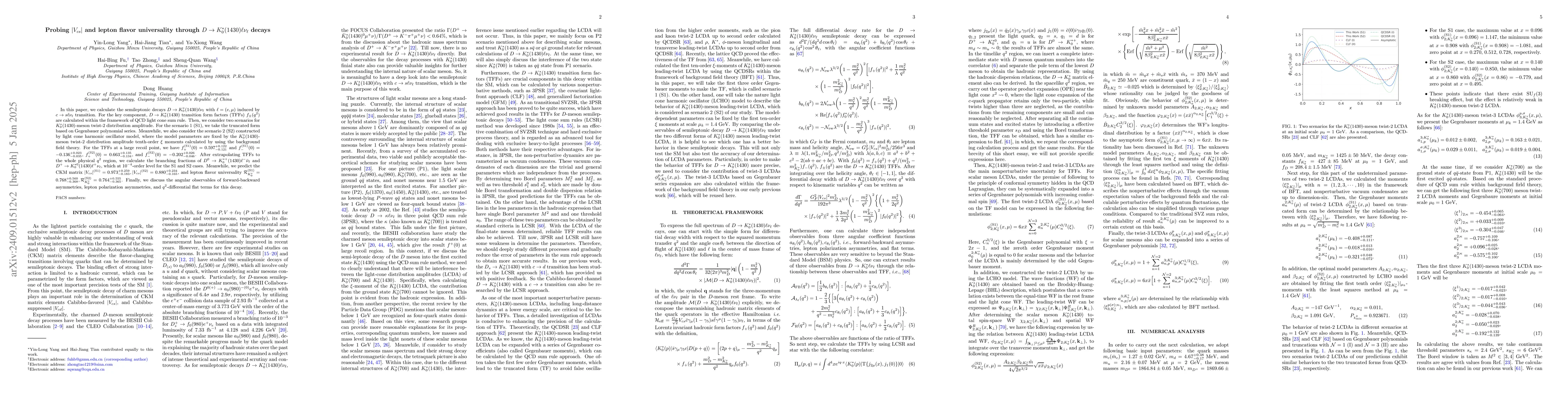 Thumbnail for Probing $|V_{cs}|$ and lepton flavor universality through $D\to
  K_0^\ast(1430)\ellν_{\ell}$ decay