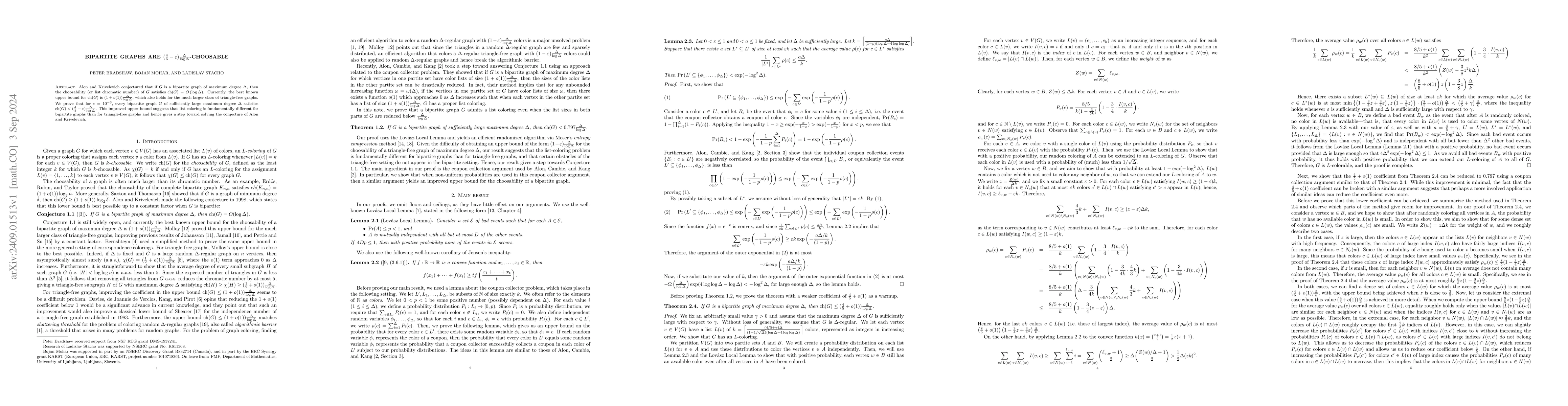 Thumbnail for Bipartite graphs are $(\frac{4}{5}-\varepsilon) \fracΔ{\log
  Δ}$-choosable