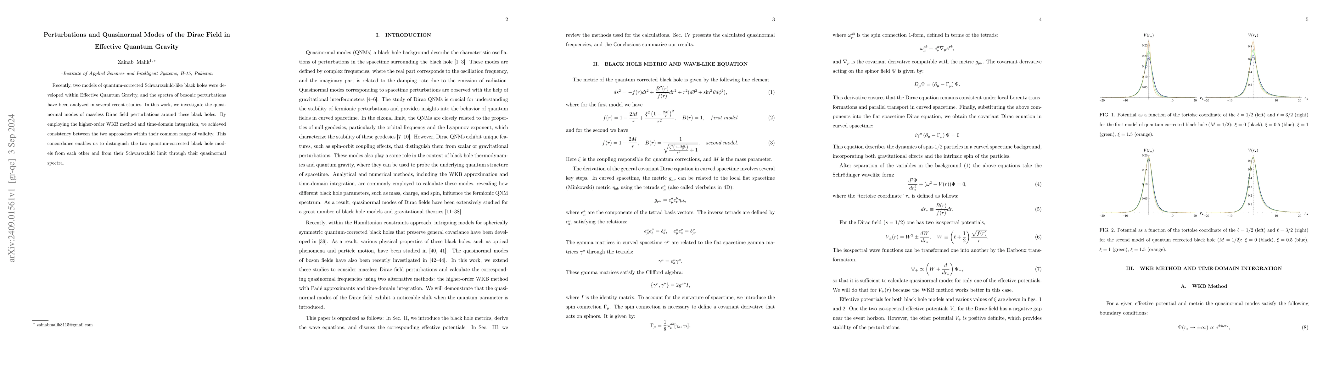 Thumbnail for Perturbations and Quasinormal Modes of the Dirac Field in Effective
  Quantum Gravity
