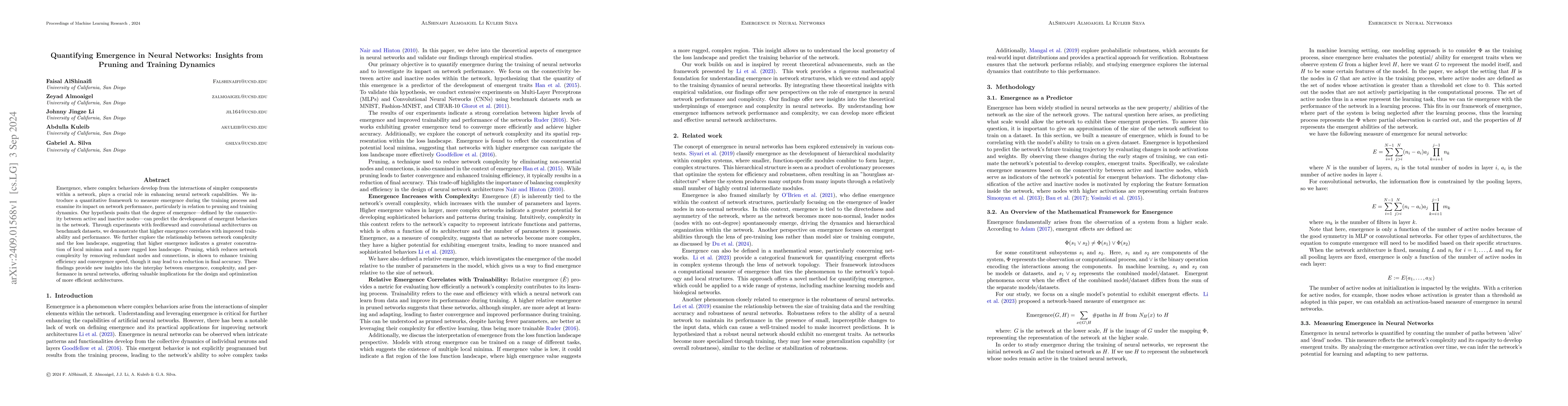 Thumbnail for Quantifying Emergence in Neural Networks: Insights from Pruning and
  Training Dynamics