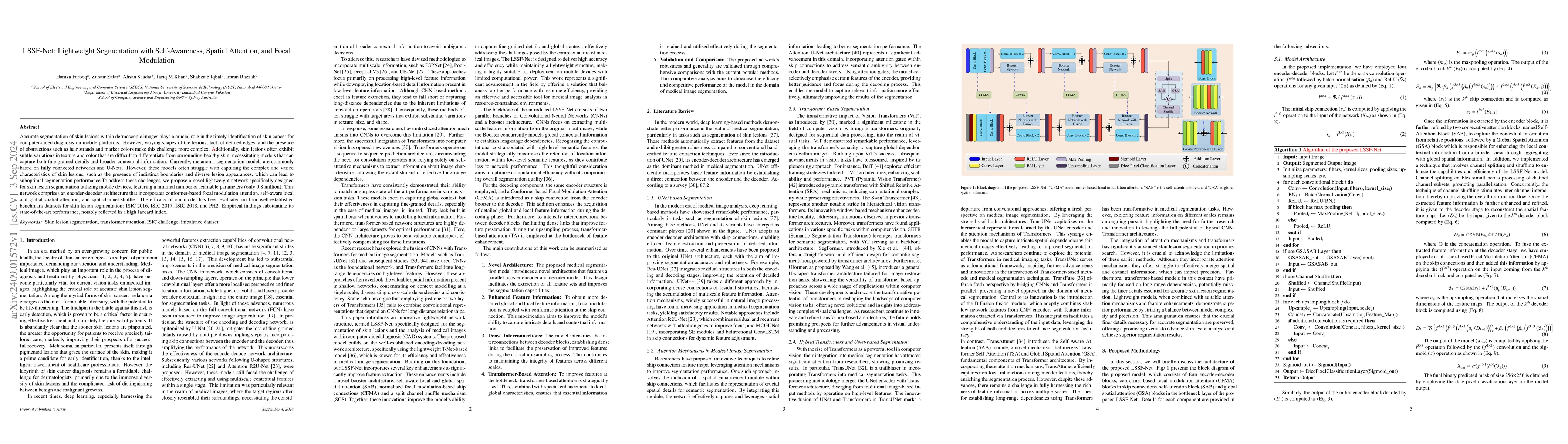 Thumbnail for LSSF-Net: Lightweight Segmentation with Self-Awareness, Spatial
  Attention, and Focal Modulation