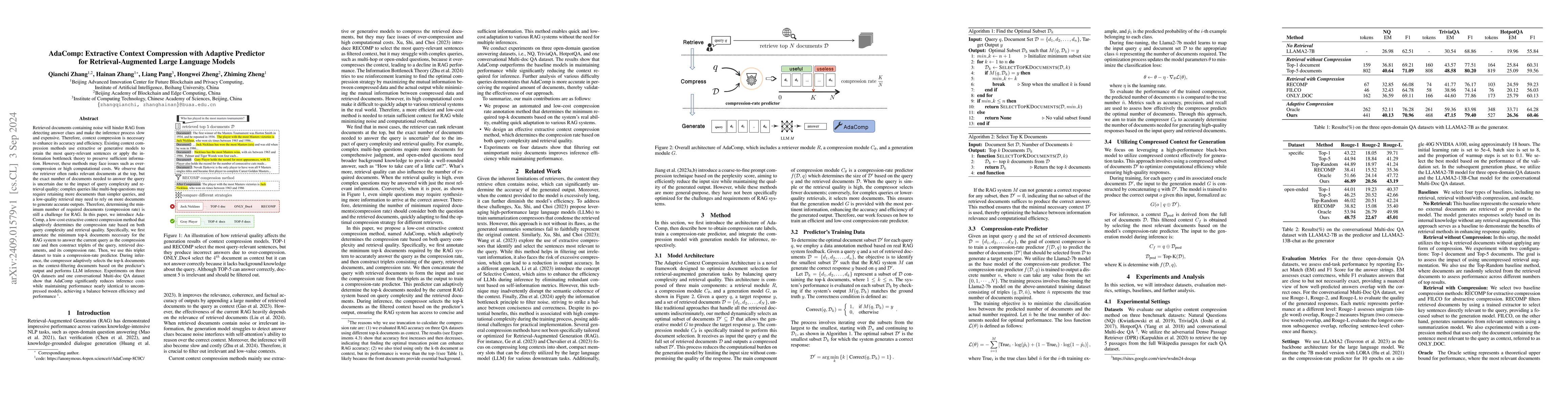Thumbnail for AdaComp: Extractive Context Compression with Adaptive Predictor for
  Retrieval-Augmented Large Language Models