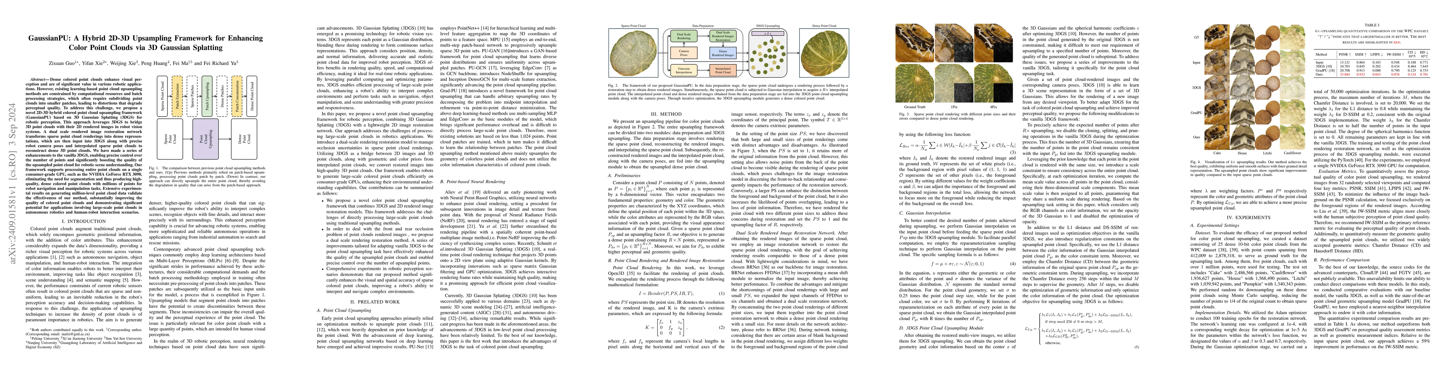 Thumbnail for GaussianPU: A Hybrid 2D-3D Upsampling Framework for Enhancing Color
  Point Clouds via 3D Gaussian Splatting