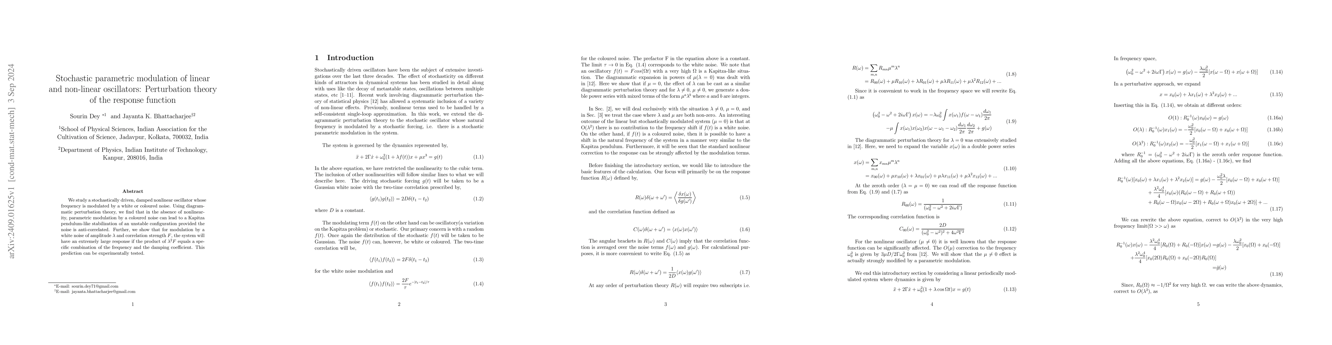 Thumbnail for Stochastic parametric modulation of linear and non-linear oscillators:
  Perturbation theory of the response function