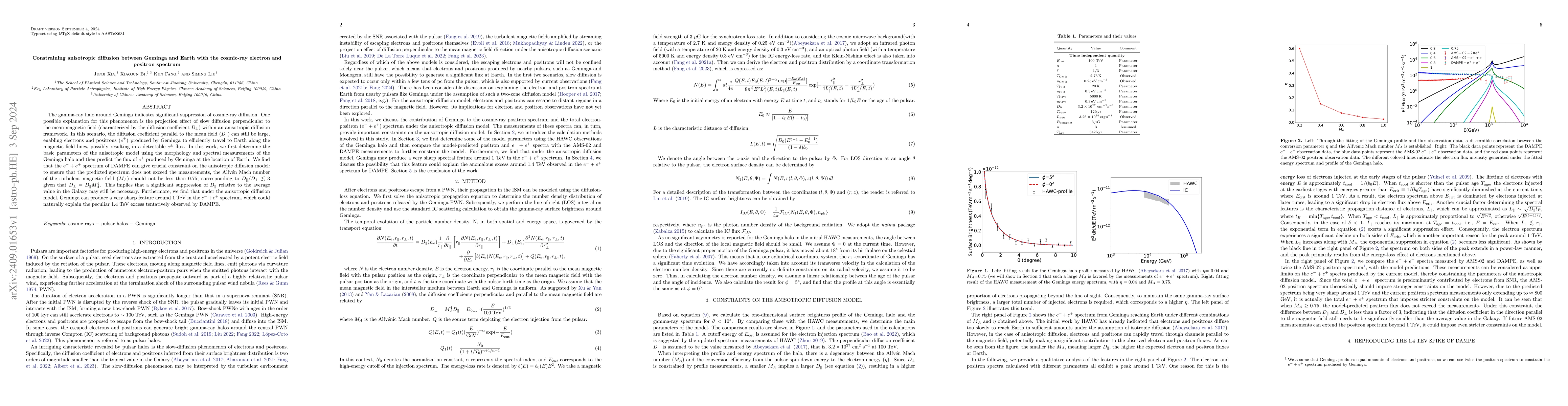 Thumbnail for Constraining anisotropic diffusion between Geminga and Earth with the
  cosmic-ray electron and positron spectrum