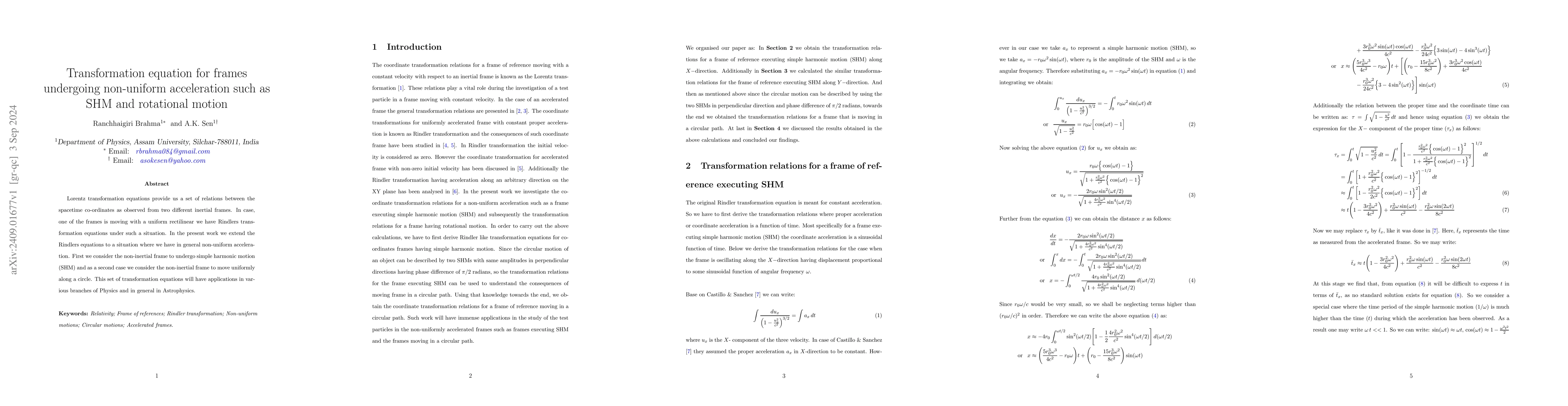 Thumbnail for Transformation equation for frames undergoing non-uniform acceleration
  such as SHM and rotational motion
