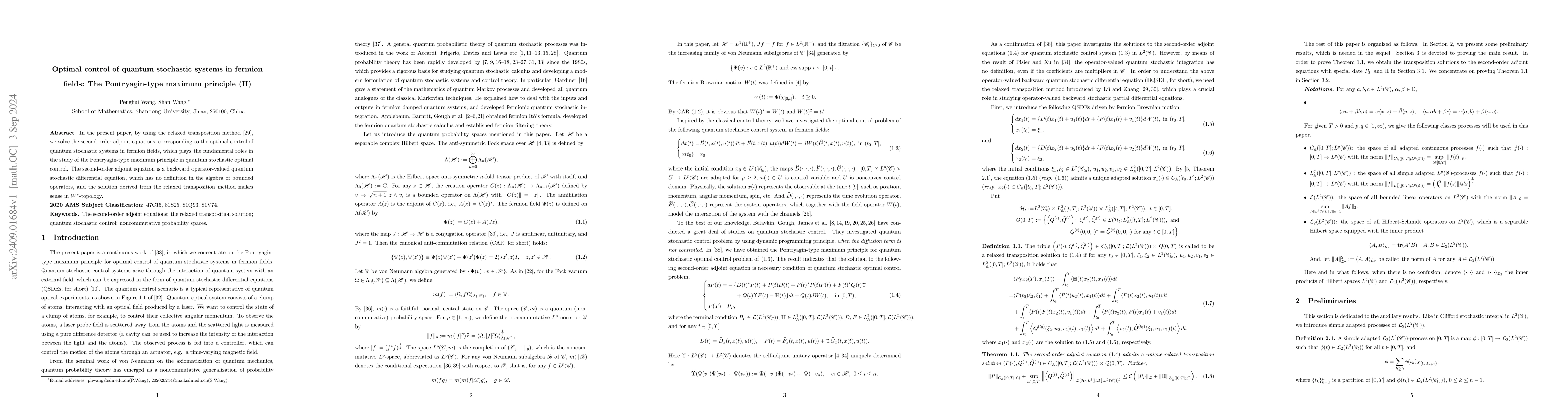 Thumbnail for Optimal control of quantum stochastic systems in fermion fields: The
  Pontryagin-type maximum principle (II)