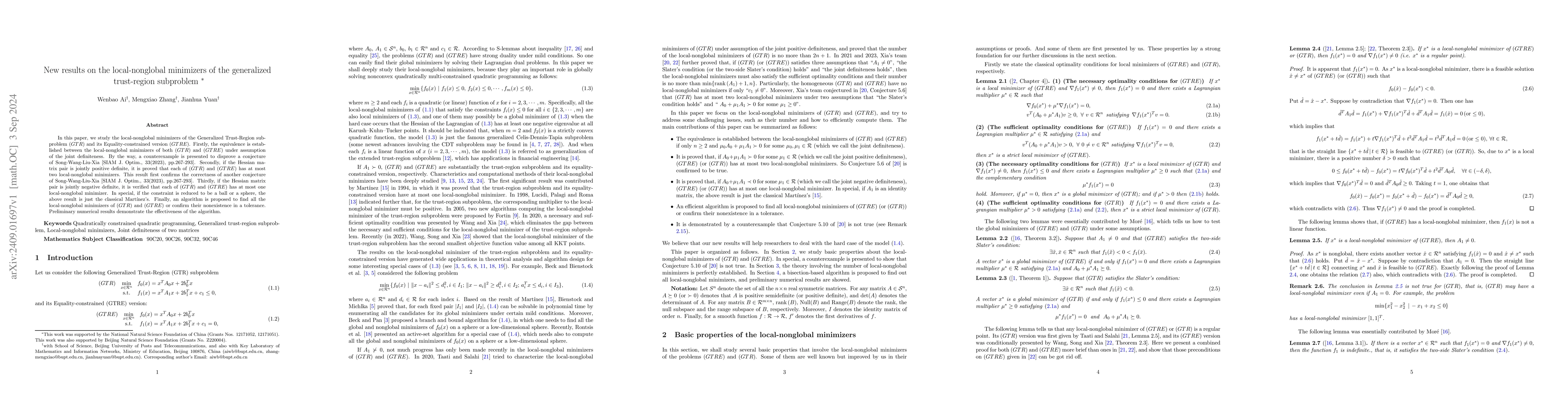 Thumbnail for New results on the local-nonglobal minimizers of the generalized
  trust-region subproblem