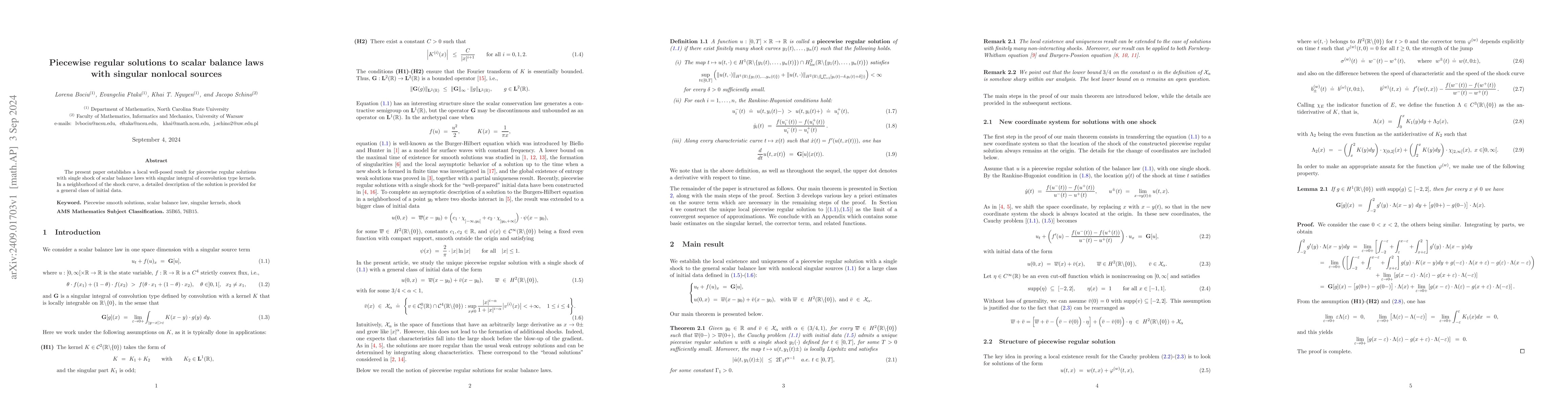 Thumbnail for Piecewise regular solutions to scalar balance laws with singular
  nonlocal sources