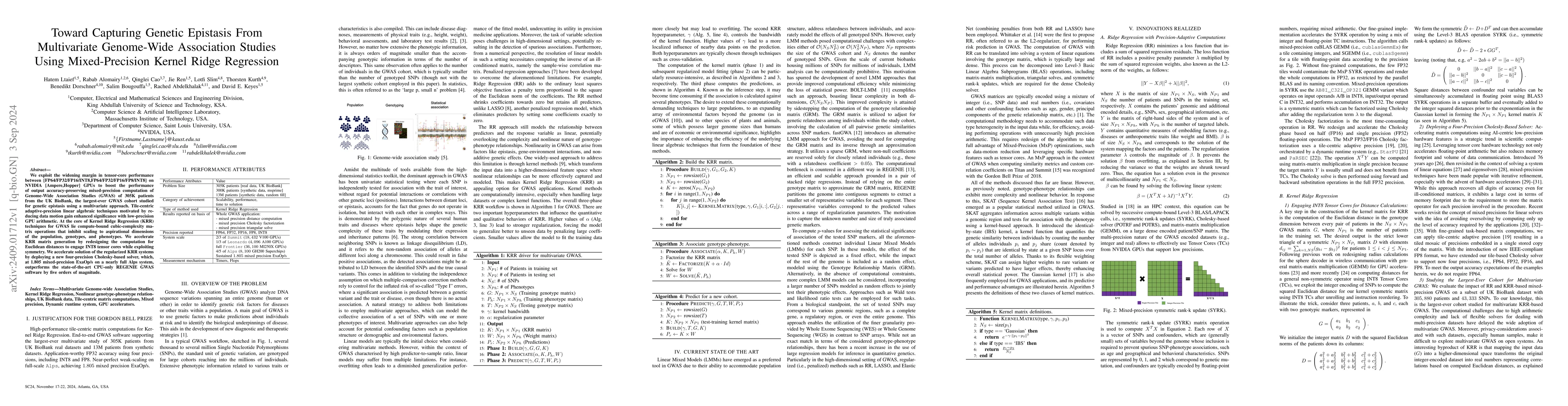 Thumbnail for Toward Capturing Genetic Epistasis From Multivariate Genome-Wide
  Association Studies Using Mixed-Precision Kernel Ridge Regression