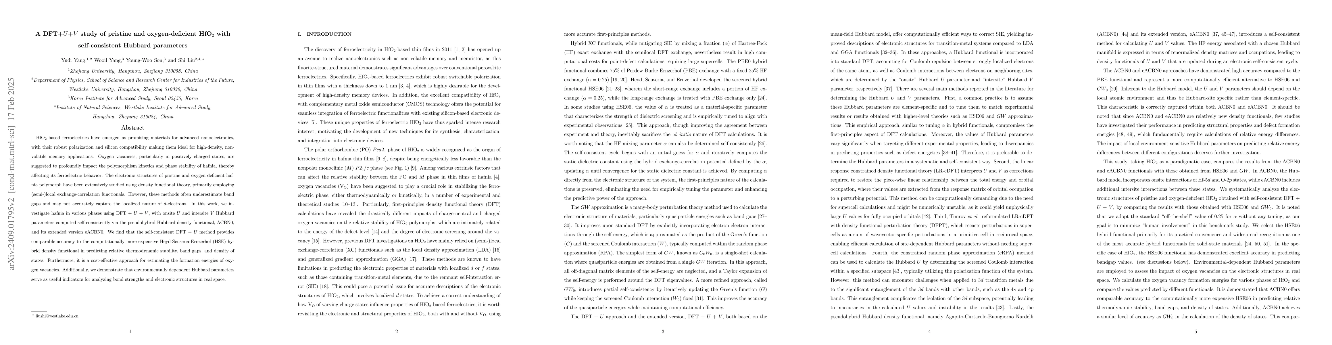 Thumbnail for A DFT+$U$+$V$ study of pristine and oxygen-deficient HfO$_2$ with
  self-consistent Hubbard parameters