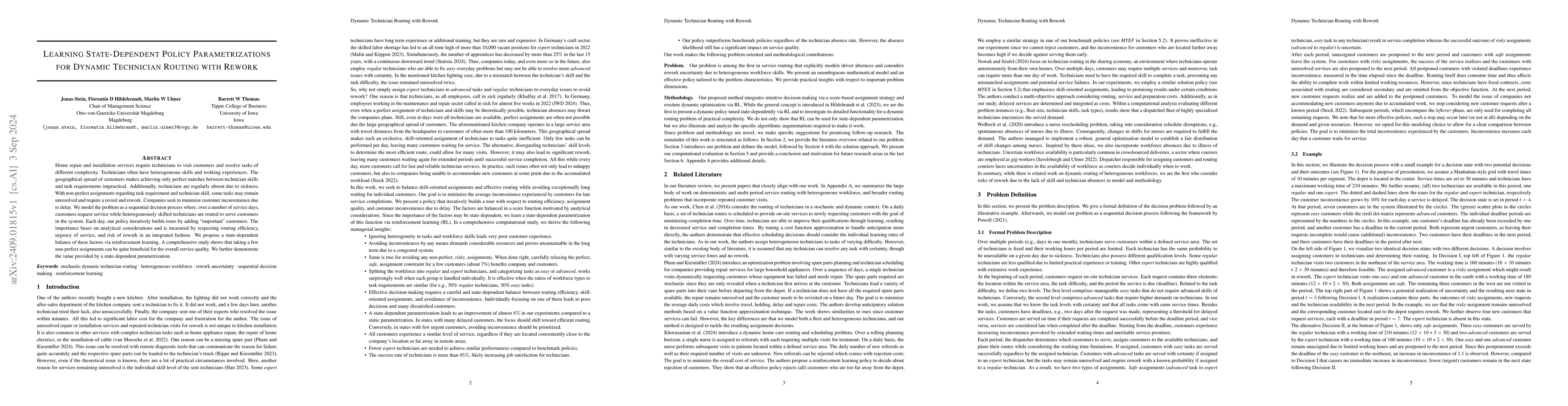 Thumbnail for Learning State-Dependent Policy Parametrizations for Dynamic Technician
  Routing with Rework