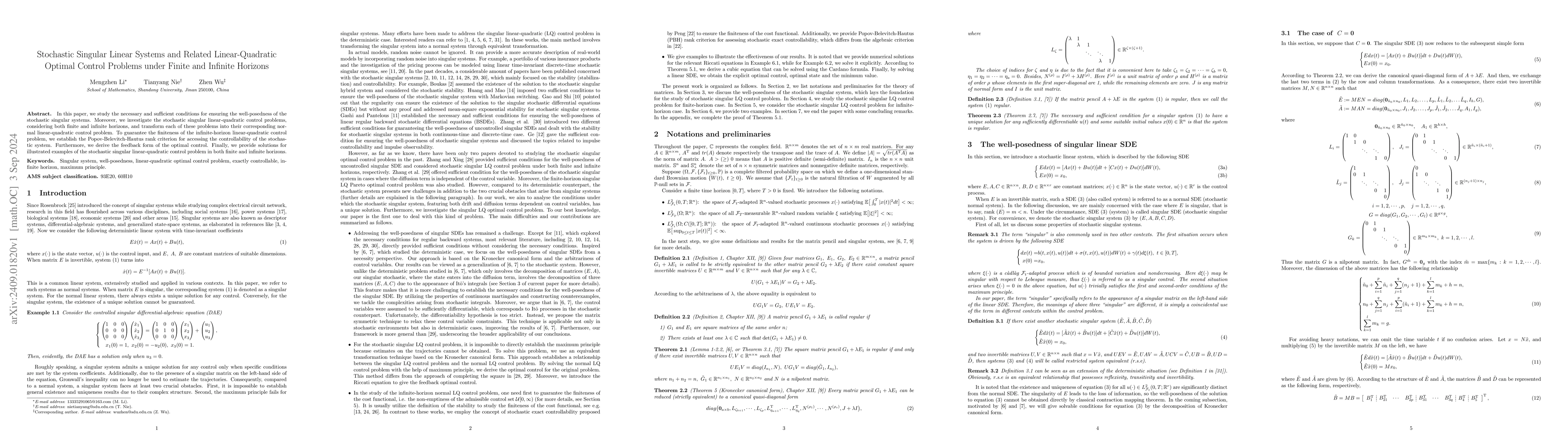 Thumbnail for Stochastic Singular Linear Systems and Related Linear-Quadratic Optimal
  Control Problems under Finite and Infinite Horizons