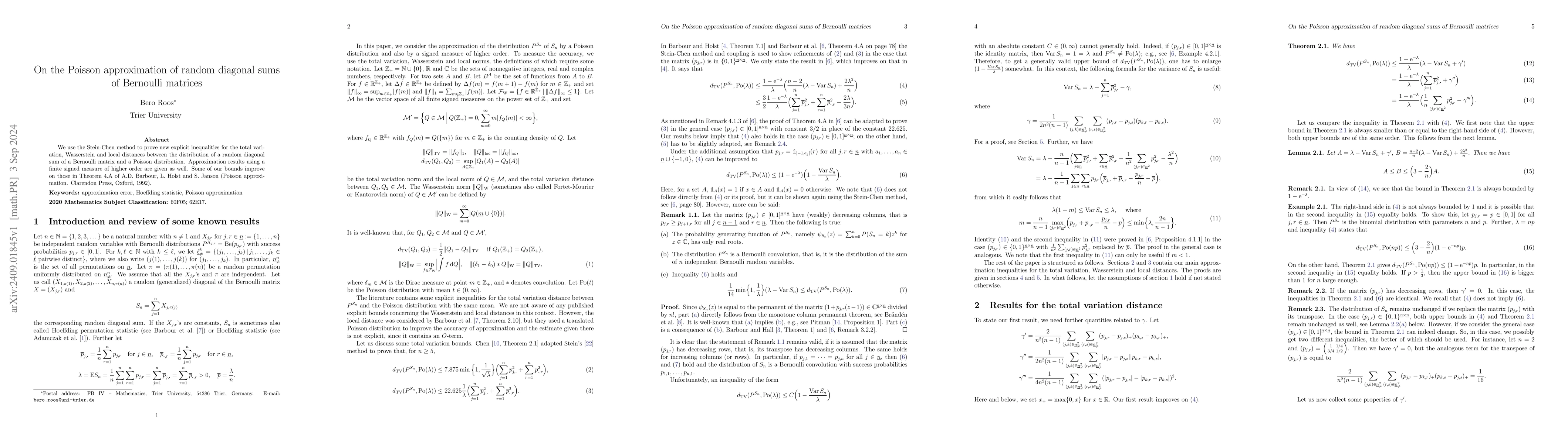 Thumbnail for On the Poisson approximation of random diagonal sums of Bernoulli
  matrices
