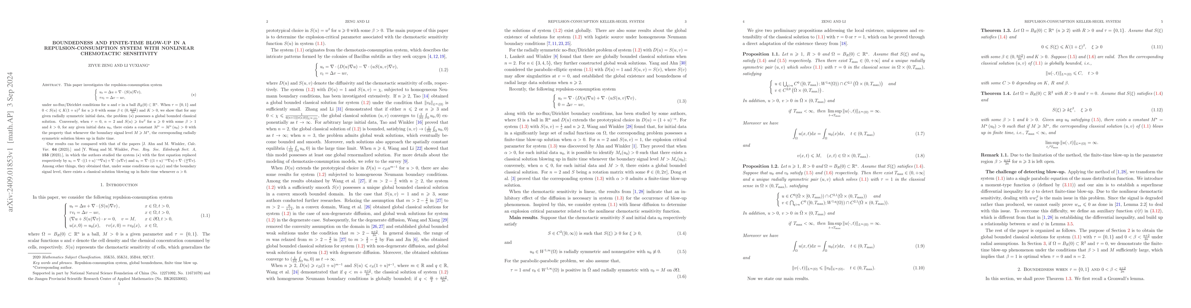Thumbnail for Boundedness and finite-time blow-up in a repulsion-consumption system
  with nonlinear chemotactic sensitivity
