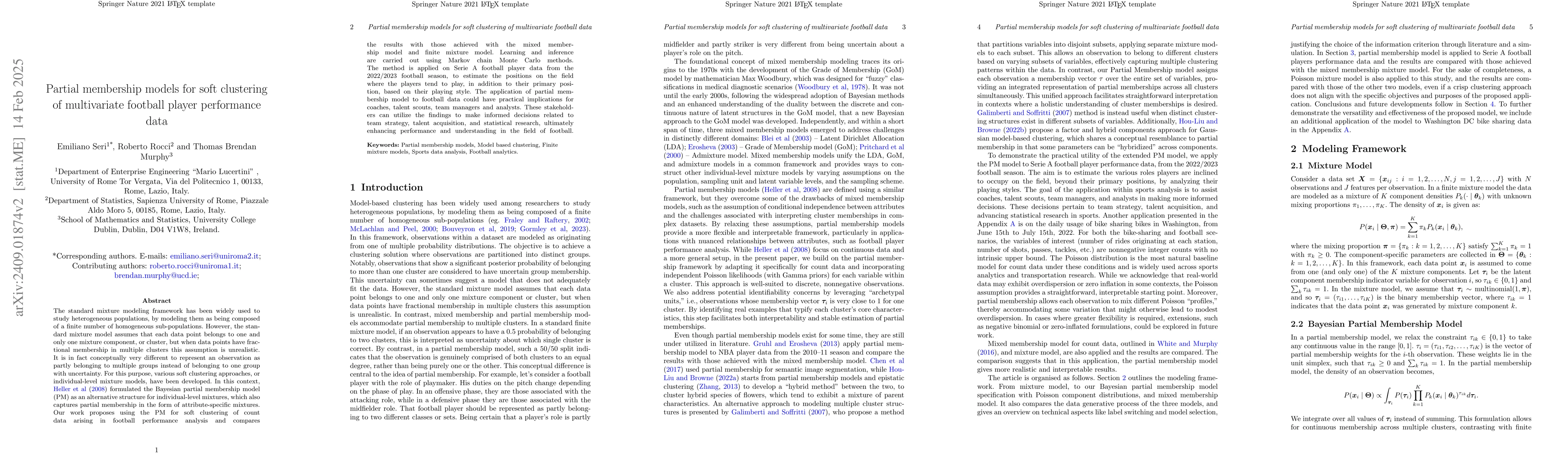 Thumbnail for Partial membership models for soft clustering of multivariate football
  player performance data