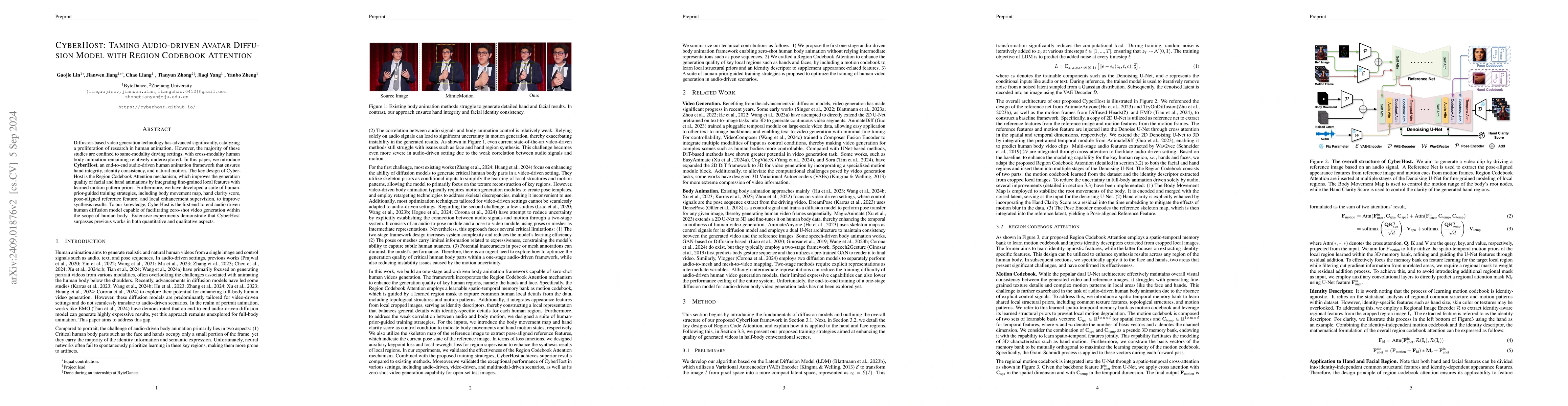 Thumbnail for CyberHost: Taming Audio-driven Avatar Diffusion Model with Region
  Codebook Attention