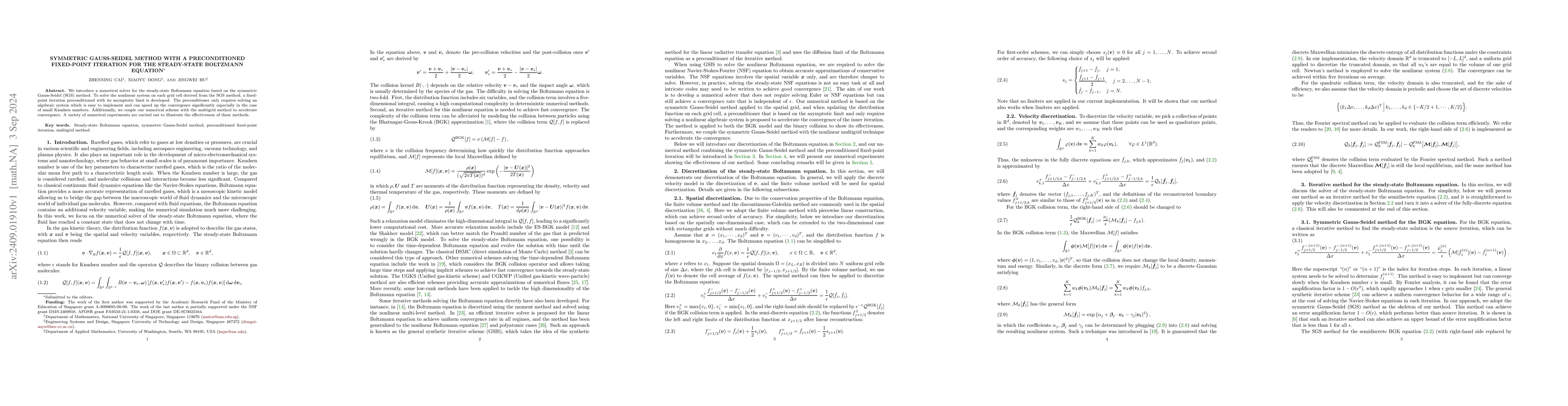 Thumbnail for Symmetric Gauss-Seidel Method with a Preconditioned Fixed-Point
  Iteration for the Steady-State Boltzmann equation
