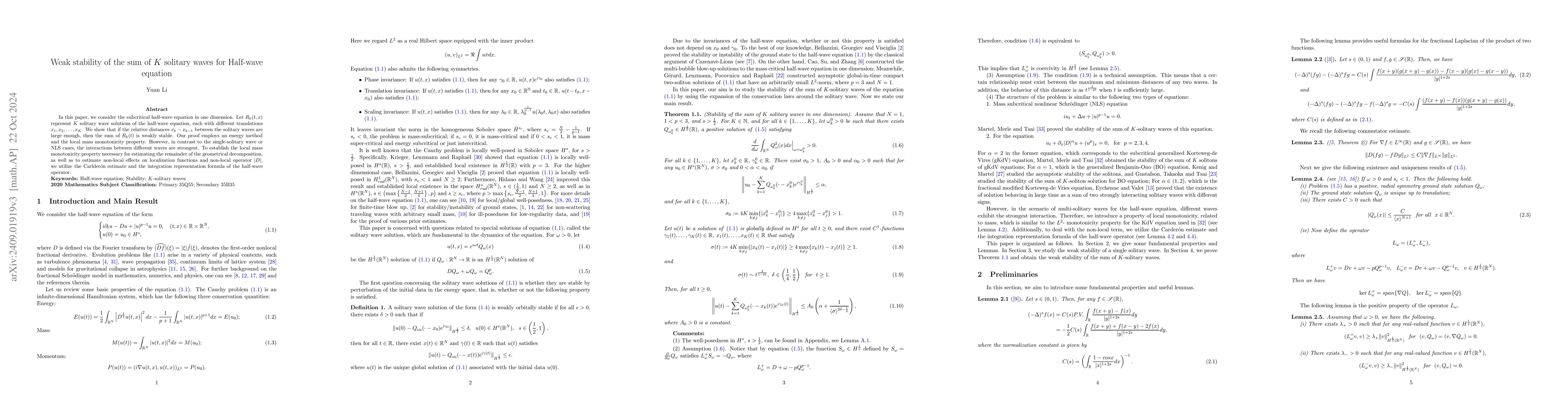 Thumbnail for Weak stability of the sum of $K$ solitary waves for Half-wave equation
