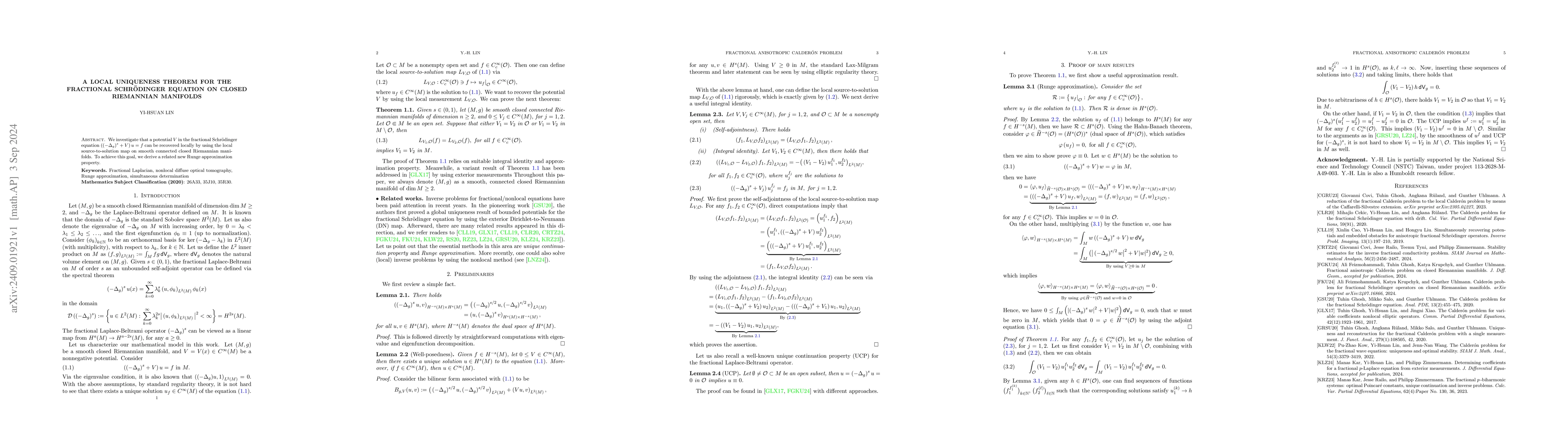 Thumbnail for A local uniqueness theorem for the fractional Schrödinger equation
  on closed Riemannian manifolds