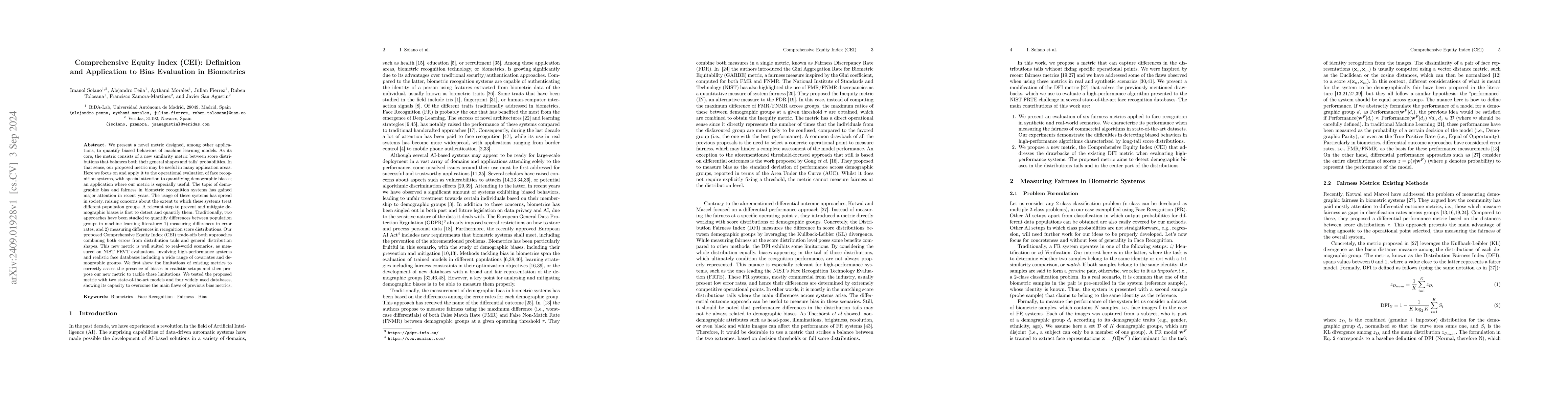 Thumbnail for Comprehensive Equity Index (CEI): Definition and Application to Bias
  Evaluation in Biometrics