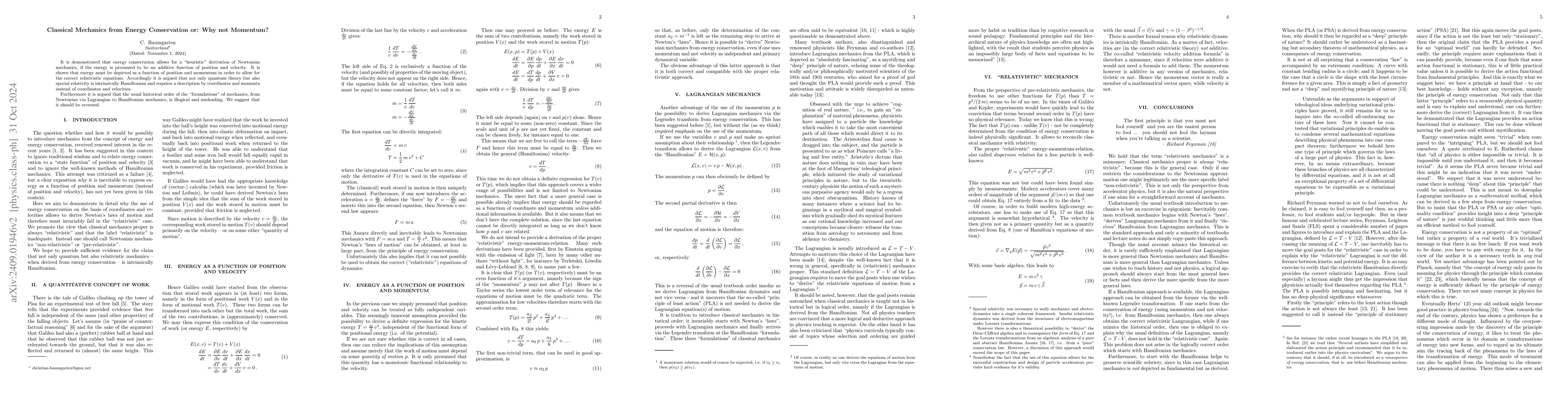 Thumbnail for Classical Mechanics from Energy Conservation or: Why not Momentum?