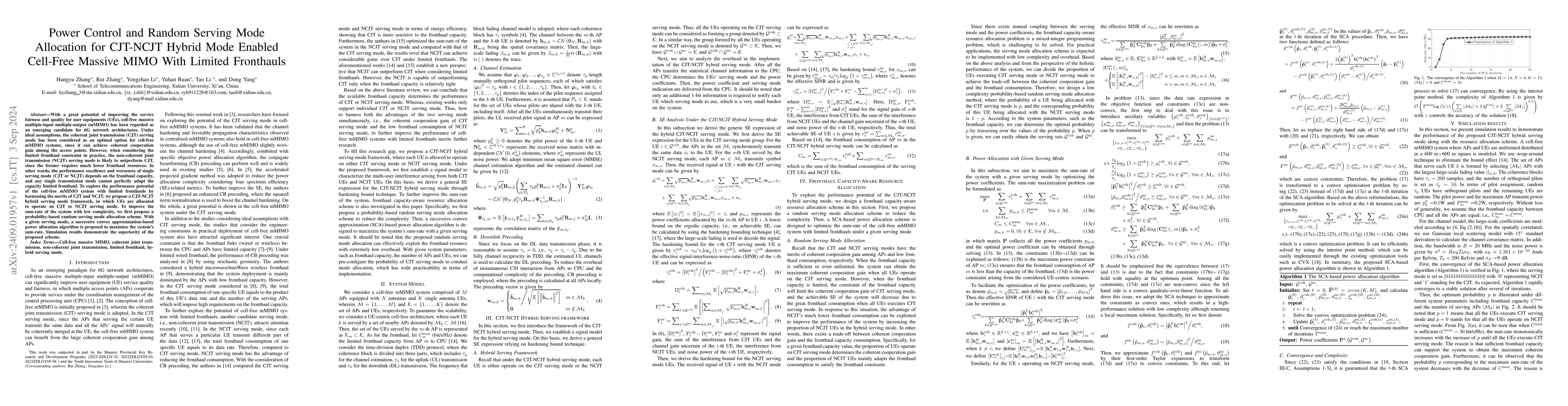 Thumbnail for Power Control and Random Serving Mode Allocation for CJT-NCJT Hybrid
  Mode Enabled Cell-Free Massive MIMO With Limited Fronthauls