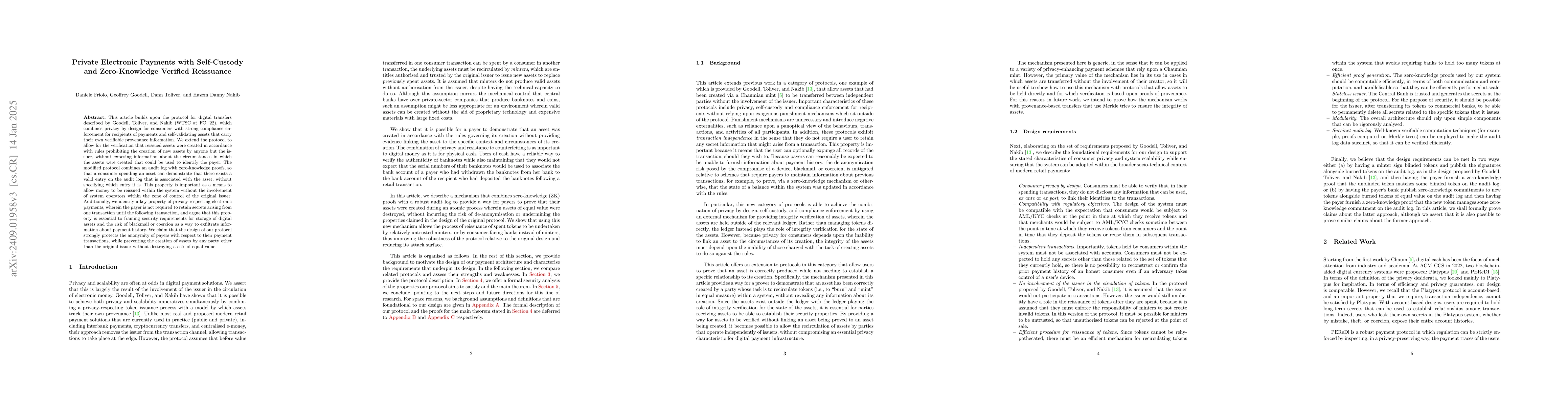 Thumbnail for Private Electronic Payments with Self-Custody and Zero-Knowledge
  Verified Reissuance