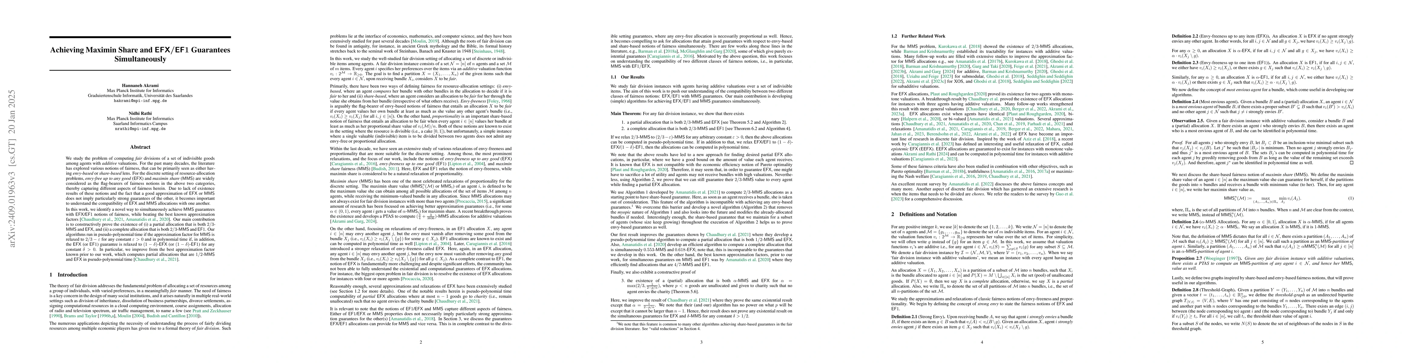 Thumbnail for Achieving Maximin Share and EFX/EF1 Guarantees Simultaneously