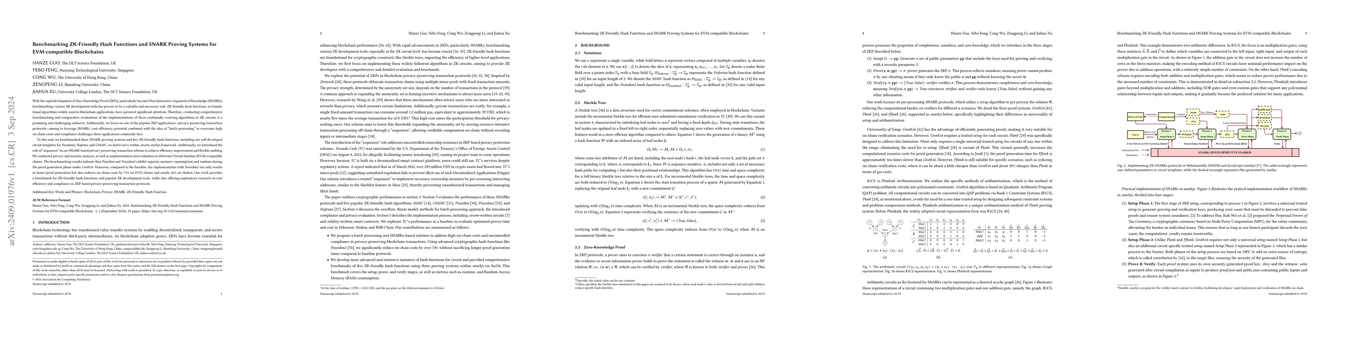 Thumbnail for Benchmarking ZK-Friendly Hash Functions and SNARK Proving Systems for
  EVM-compatible Blockchains