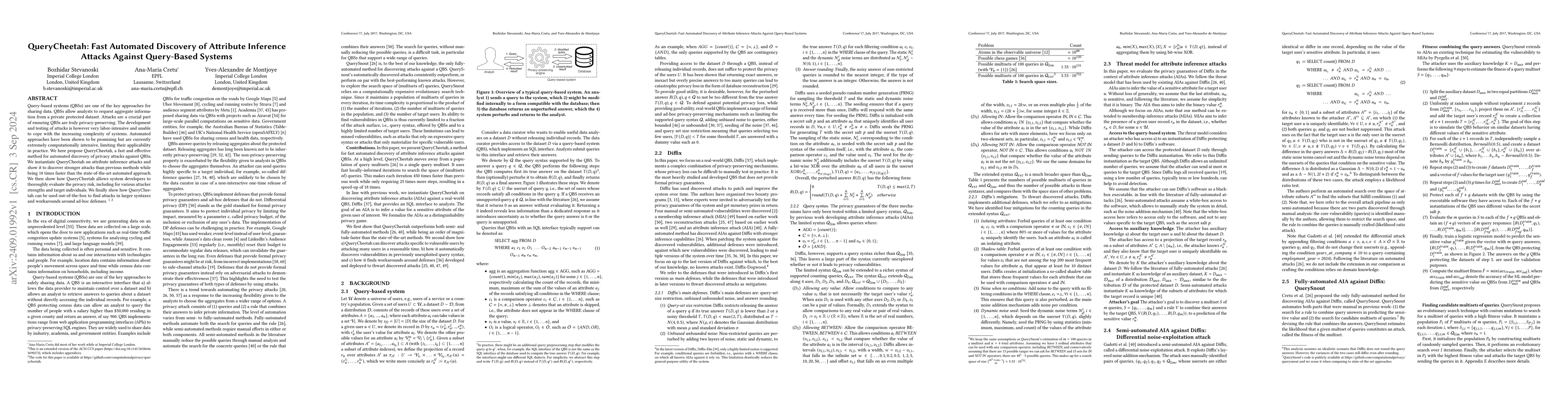 Thumbnail for QueryCheetah: Fast Automated Discovery of Attribute Inference Attacks
  Against Query-Based Systems