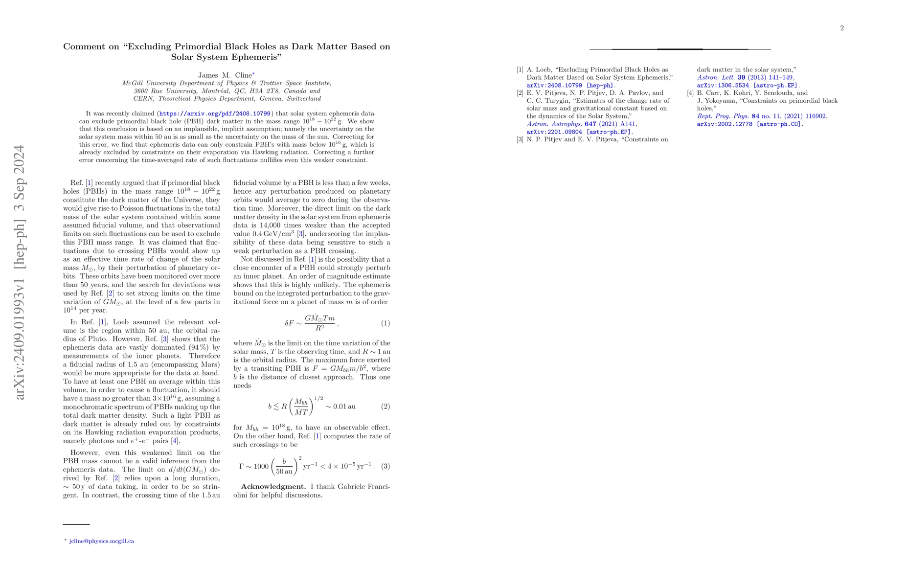 Thumbnail for Comment on "Excluding Primordial Black Holes as Dark Matter Based on
  Solar System Ephemeris"