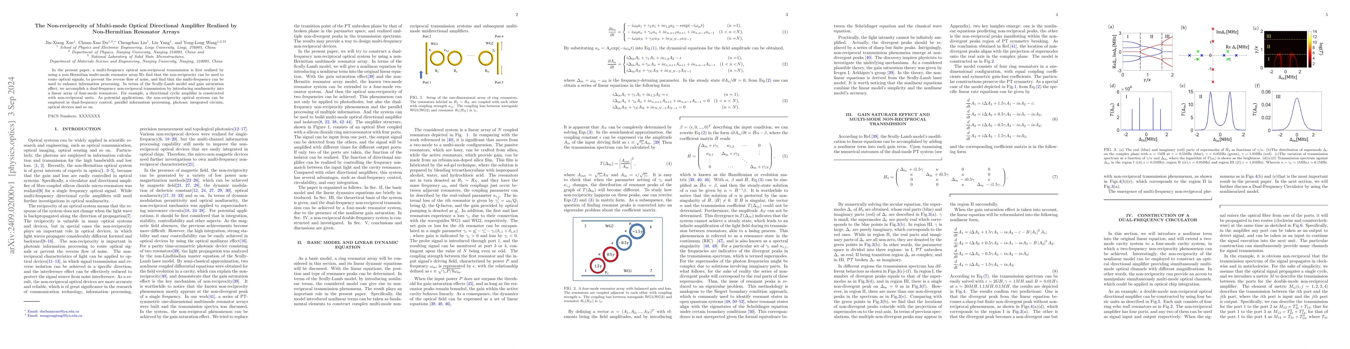Thumbnail for The Non-reciprocity of Multi-mode Optical Directional Amplifier Realized
  by Non-Hermitian Resonator Arrays