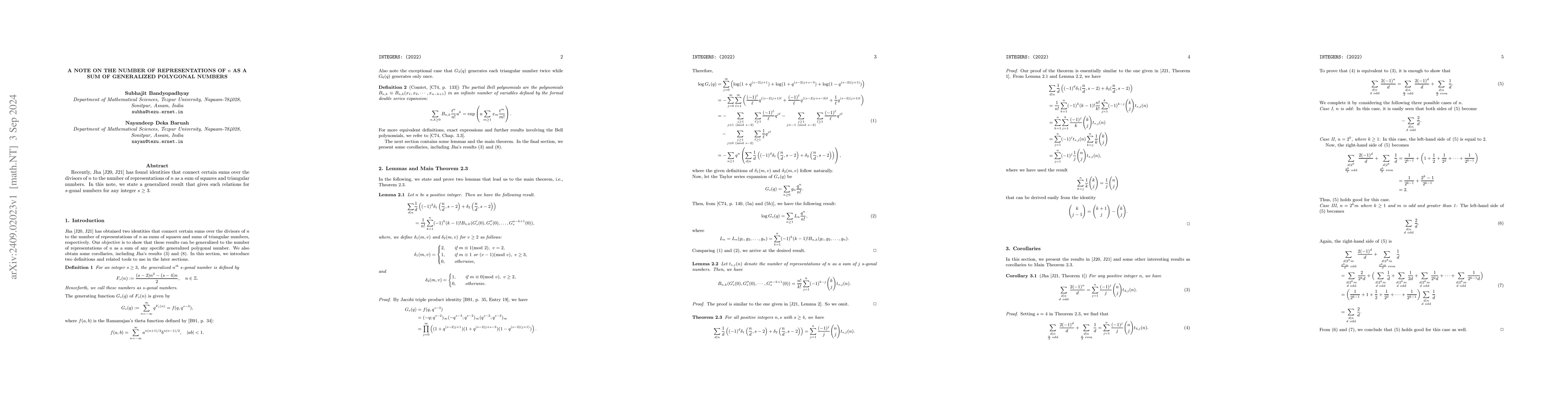 Thumbnail for A Note on the Number of Representations of $n$ as a Sum of Generalized
  Polygonal Numbers