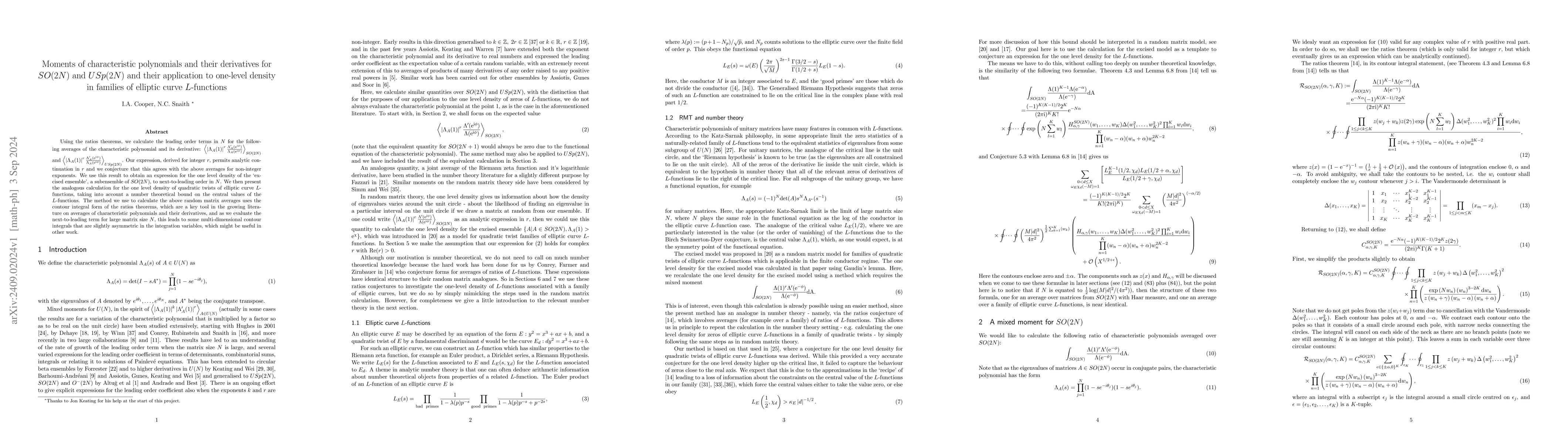 Thumbnail for Moments of characteristic polynomials and their derivatives for $SO(2N)$
  and $USp(2N)$ and their application to one-level density in families of
  elliptic curve $L$-functions