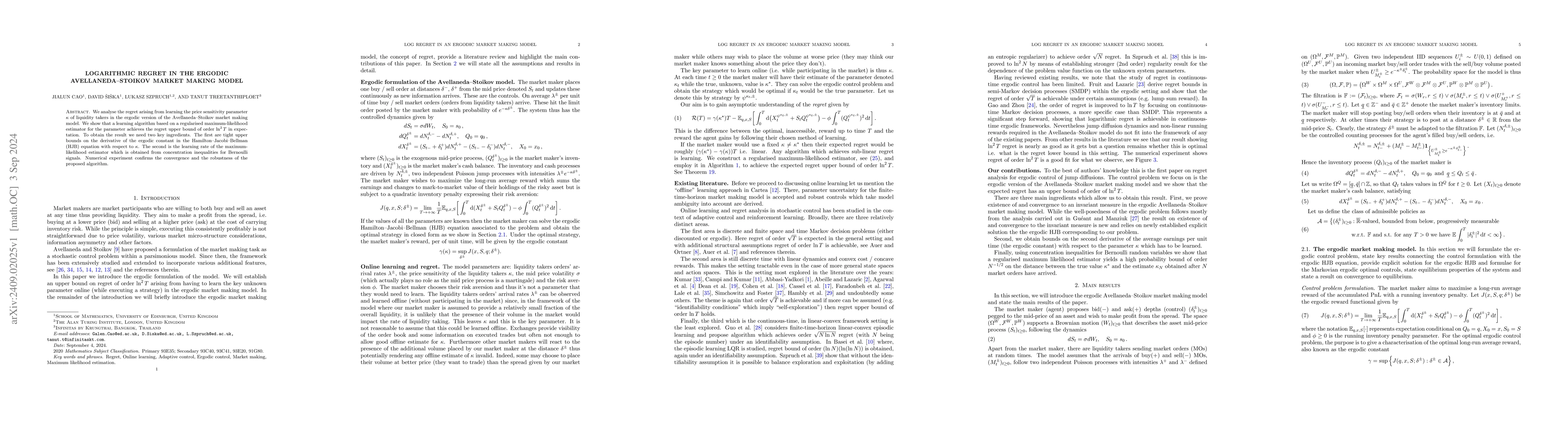 Thumbnail for Logarithmic regret in the ergodic Avellaneda-Stoikov market making model