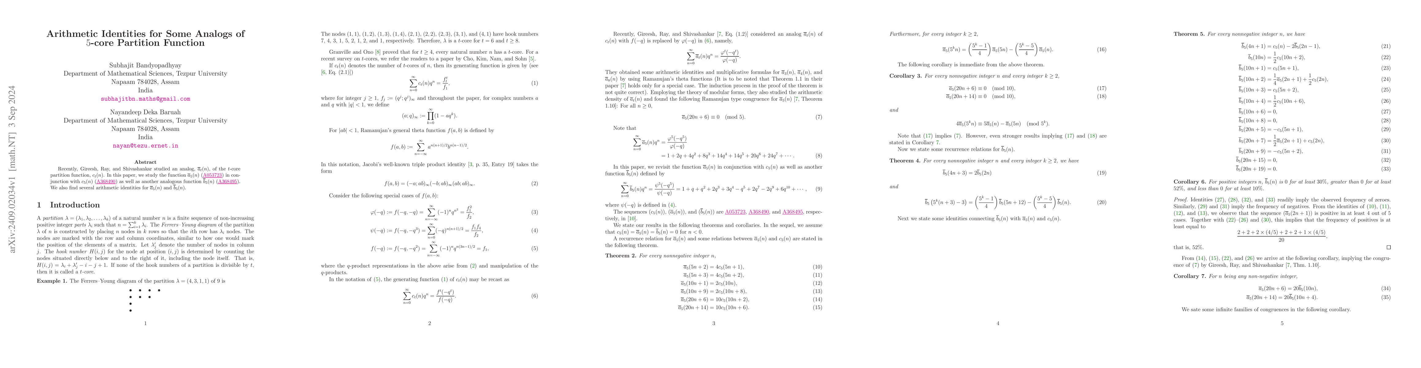 Thumbnail for Arithmetic Identities for Some Analogs of $5$-core Partition Function