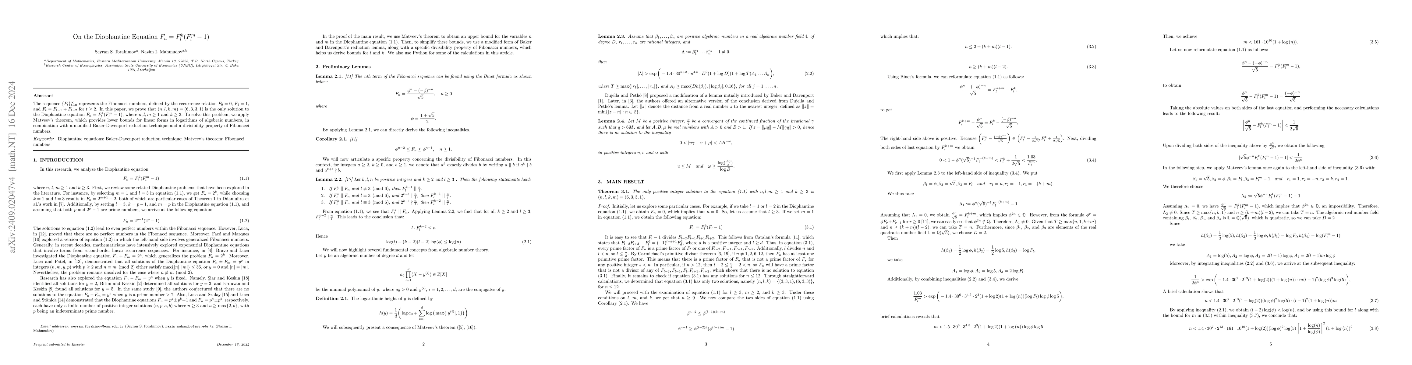 Thumbnail for On the Diophantine Equation $F_n = F_l^k (F_l^m-1)$