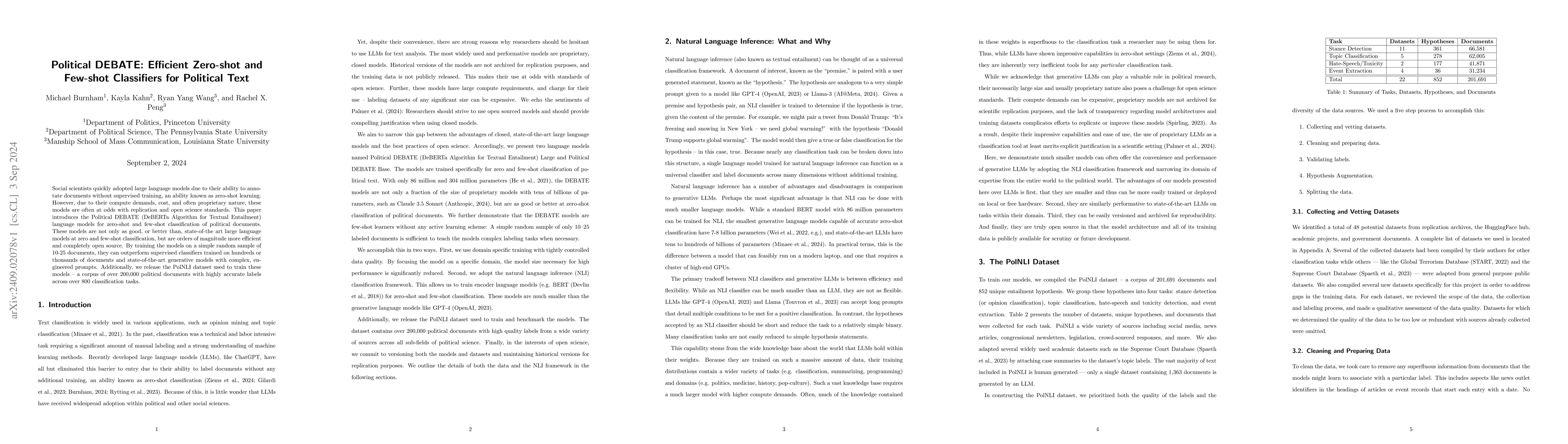 Thumbnail for Political DEBATE: Efficient Zero-shot and Few-shot Classifiers for
  Political Text