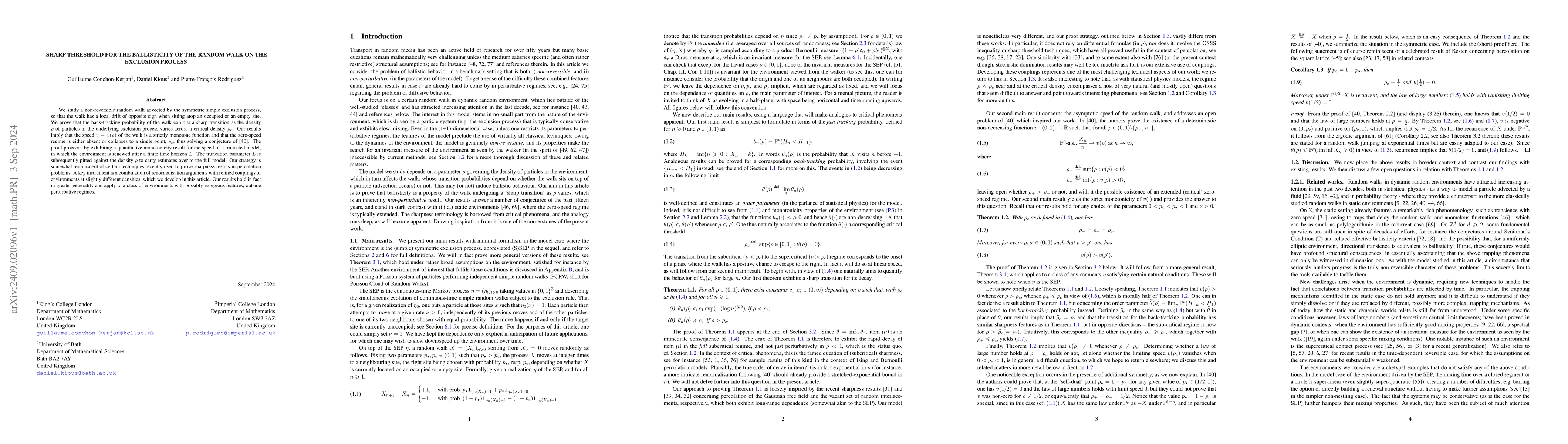 Thumbnail for Sharp threshold for the ballisticity of the random walk on the exclusion
  process