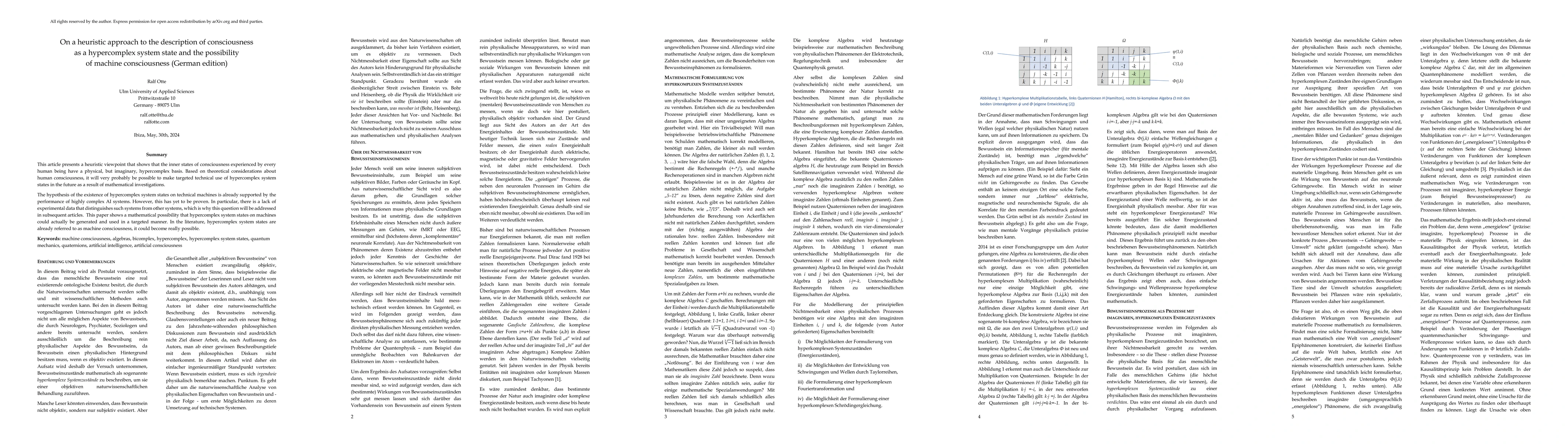 Thumbnail for On a heuristic approach to the description of consciousness as a
  hypercomplex system state and the possibility of machine consciousness
  (German edition)