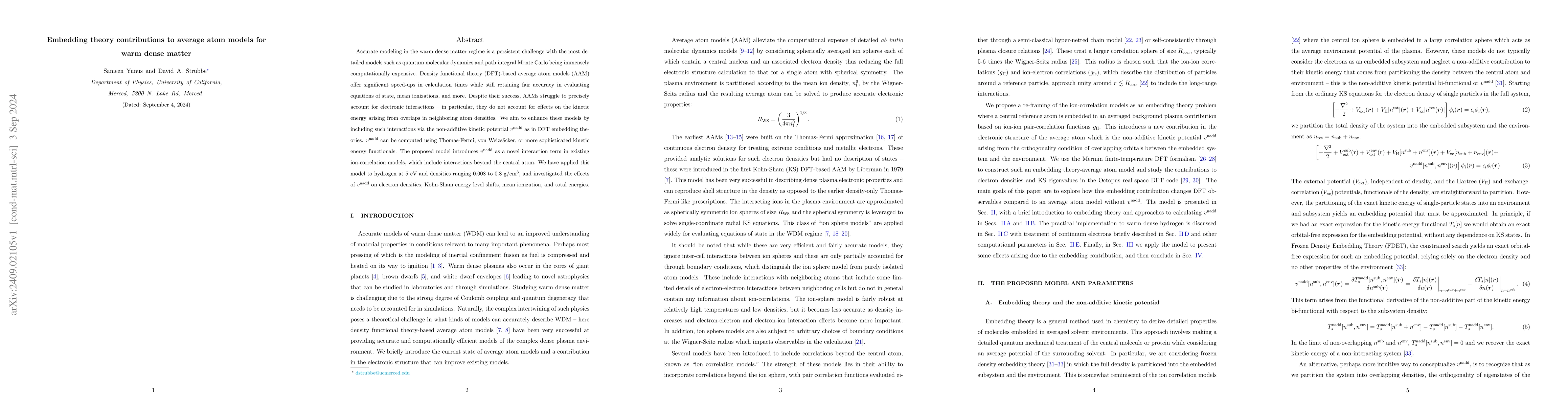 Thumbnail for Embedding theory contributions to average atom models for warm dense
  matter