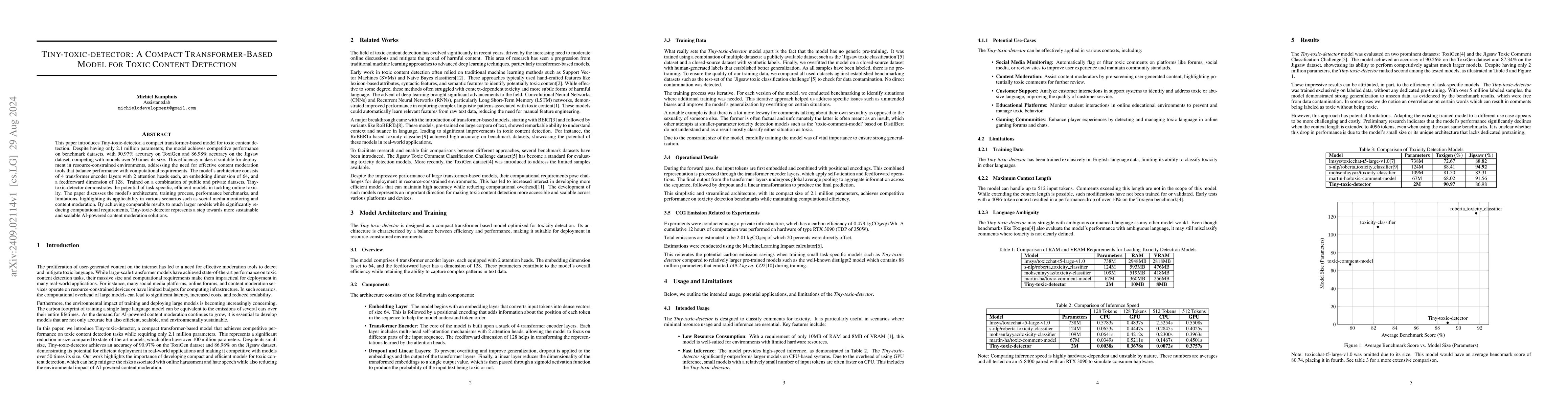Thumbnail for Tiny-Toxic-Detector: A compact transformer-based model for toxic content
  detection