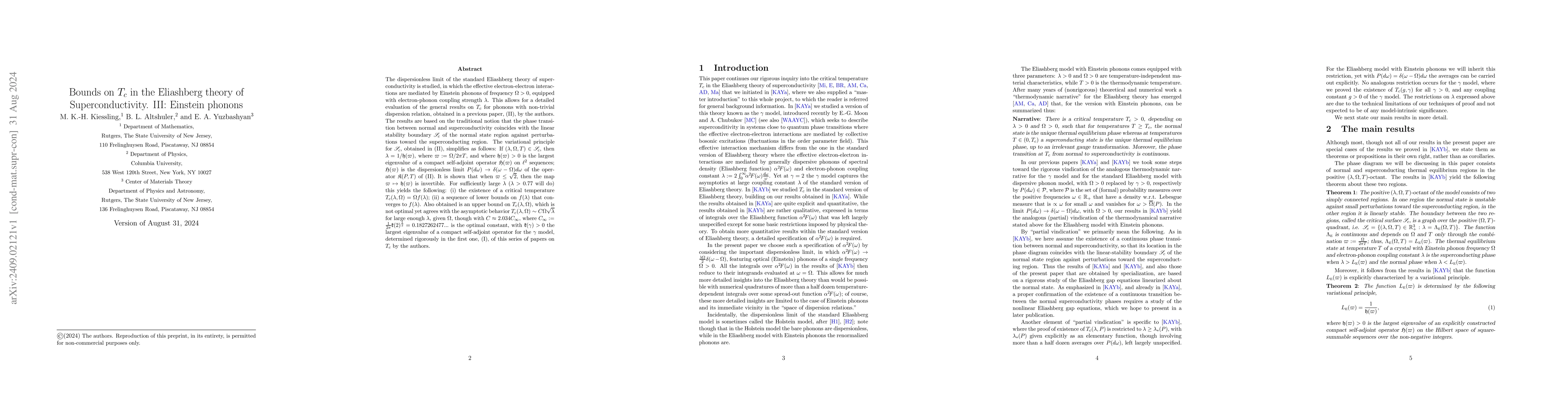 Thumbnail for Bounds on $T_c$ in the Eliashberg theory of Superconductivity. III:
  Einstein phonons
