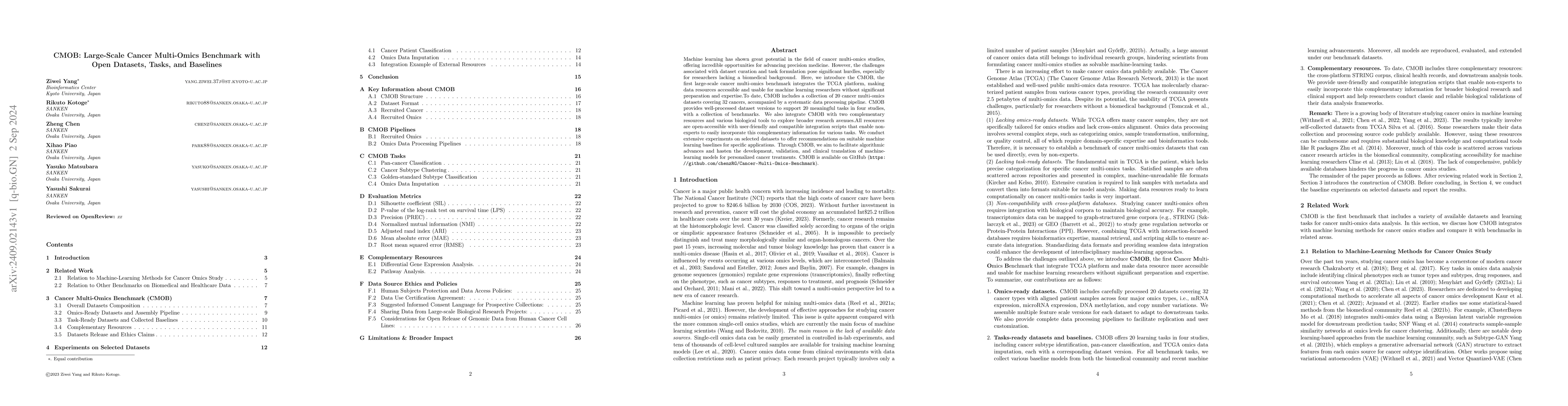Thumbnail for CMOB: Large-Scale Cancer Multi-Omics Benchmark with Open Datasets,
  Tasks, and Baselines